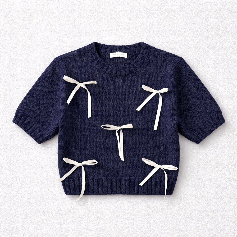 Rosie Posie Sweater Top Womens M Navy Bow Accent Cropped Short Sleeve Knit​